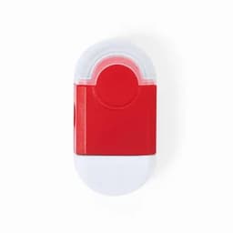 A drink bottle featuring a red body and a white base, with a rounded top and a logo.