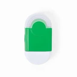 A drink bottle in green and white with a circular top and a logo on the side.