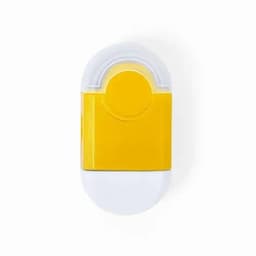 A drink bottle in yellow and white with a curved design and a circular lid, featuring a small logo.