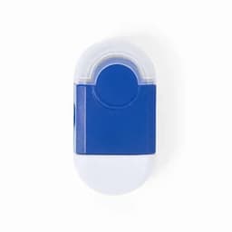 A drink bottle in blue and white featuring a rounded top and a built-in logo.