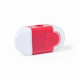A drink bottle in red and white with a circular cap and a branding logo on the side.