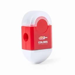 A drink bottle in red and white, featuring a rounded shape and a logo on the front.