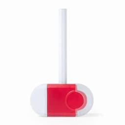 A drink bottle in red and white with a matching straw and a logo on the body.