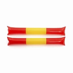 Two inflatable items featuring red and yellow stripes, with a logo on the surface.