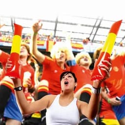 A woman with short dark hair holds two inflatable noise sticks in red and yellow, surrounded by cheering fans in a stadium.