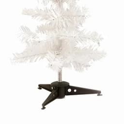 A white artificial Christmas tree with a black stand, featuring fluffy branches for decoration.