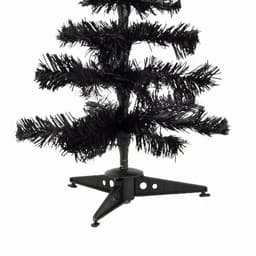 A black artificial Christmas tree with tinsel branches, featuring a sturdy black base for support.