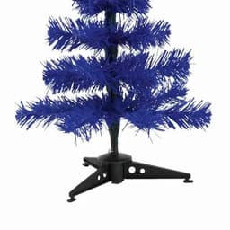 A decorative Christmas tree with vibrant blue branches and a black base.