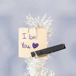 A small note with "I love You" written on it, attached to white furry material with a black clothespin.