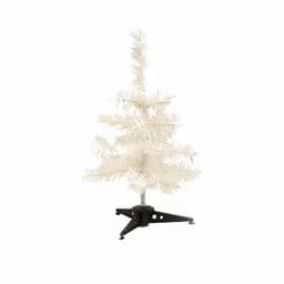 A white artificial Christmas tree with a black stand, featuring slender, pointed branches.
