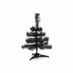 A black Christmas tree with a simple black stand, featuring sparse branches for decorating.