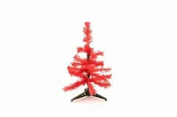 A decorative red Christmas tree with a black base, featuring a slender, festive design.