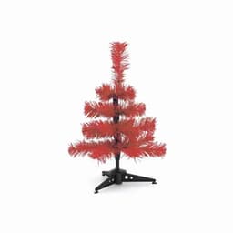 A decorative red artificial Christmas tree with a black stand. It features vibrant, fluffy branches.