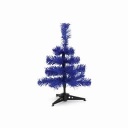 A small blue artificial Christmas tree with a black base, featuring soft, textured branches.