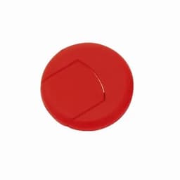 A red bottle cap featuring a smooth surface and a slight indentation, with a logo on it.