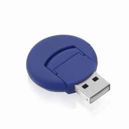 A USB drive in a round blue casing with a sliding connector. It features a logo on the surface.