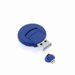 A USB drive with a circular blue casing, partially extended to reveal the USB connector. It features a branding logo.