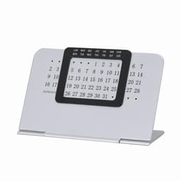 A desktop calendar with a silver base and a black date grid. Displays days of the week and numbers for the month.