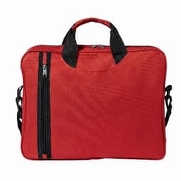 A red bag with black zippers and straps, featuring a sturdy handle on top for easy carrying.