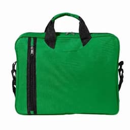 A green promotional bag with black accents and handles, featuring a front zip pocket.
