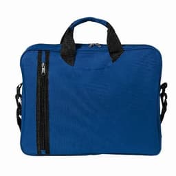 A blue bag with black handles and zippers, featuring a slim profile and carrying straps.