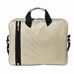 A beige carry bag featuring black handles and zippers, suitable for travel or work use.