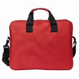 A red tote bag with black handles and an adjustable strap, featuring a zipper closure.