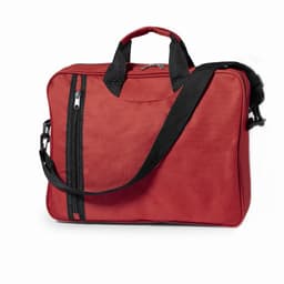 A red carry bag with black accents, featuring two handles and a detachable shoulder strap.