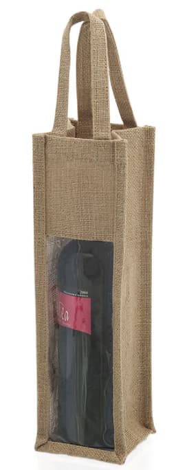 A drink bottle in a jute bag with clear front, featuring a sturdy handle. The bottle is black with a logo.
