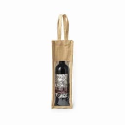 A drink bottle in a transparent jute bag, featuring dark red and black designs with a logo.
