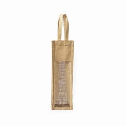 A jute wine bag in a natural beige colour with a checked lining and two handles for carrying.