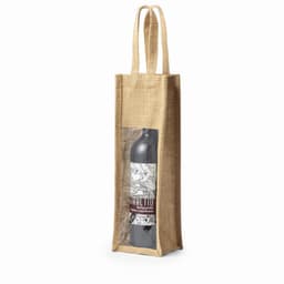 A drink bottle in a transparent jute bag, featuring natural tones and a distinctive label design.