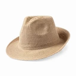 A hat in a light tan colour, featuring a breathable woven design and a classic fedora shape.