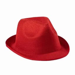 A red hat with a classic fedora shape, featuring a textured finish and a narrow brim.
