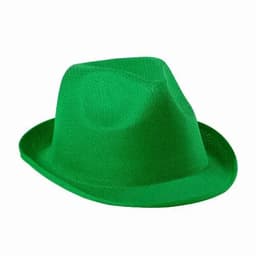 A green fedora hat with a structured brim and rounded crown, featuring a textured pattern.