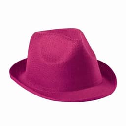 A pink fedora hat with a wide brim and a stylish design. It features a textured surface and a classic shape.