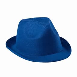 A blue fedora hat with a wide brim and a textured finish. It has a simple design and no visible logos.