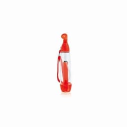 A drink bottle with a clear body and red accents, featuring a twist cap and a carrying strap.