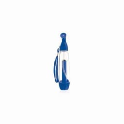 A drink bottle in blue with a clear body and a strap, featuring a rounded top and a nozzle.