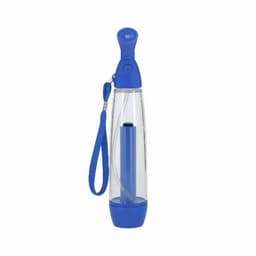 A clear hand sanitiser bottle with a blue top and base, featuring a wrist strap and a built-in dispenser.
