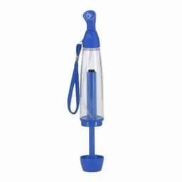 A blue hand sanitiser with a clear body and a matching strap, featuring a pump dispenser at the top.