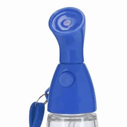 A hand sanitiser bottle with a blue plastic dispenser top and a clear bottle body, featuring a logo.