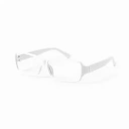 A pair of white glasses with a sleek design, featuring a clear lens and modern frame.