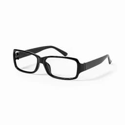 A pair of black glasses with rectangular frames featuring clear lenses and slender arms.