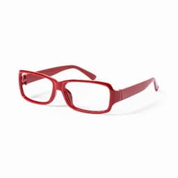 A pair of red glasses with a rectangular frame and straight arms, featuring a simple design.
