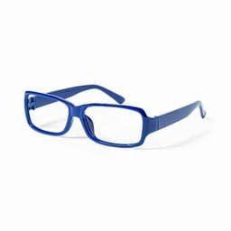 A pair of square-framed glasses in a vibrant blue colour with a glossy finish and plastic arms.