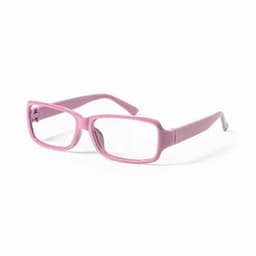 A pair of pink glasses with a rectangular frame and clear lenses, featuring a simple design.