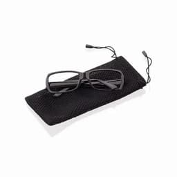 A pair of black glasses resting on a black mesh pouch, featuring a drawstring closure.