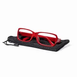 A pair of red glasses resting on a black mesh pouch, featuring a drawstring. The pouch displays a textured surface.