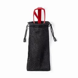 A red drink bottle inside a black mesh carry bag with drawstring closure. The bottle has a logo.